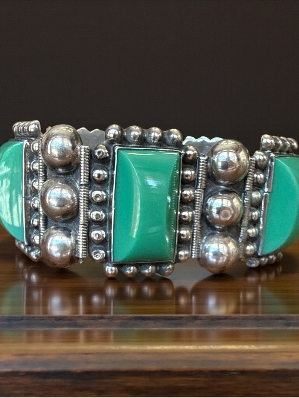 VTG Taxco 980 Sterling Silver Green Onyx Panel Bracelet - Heavy 62g